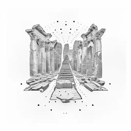 Create a blackwork tattoo depicting an army brat exploring ancient ruins tattoo design idea