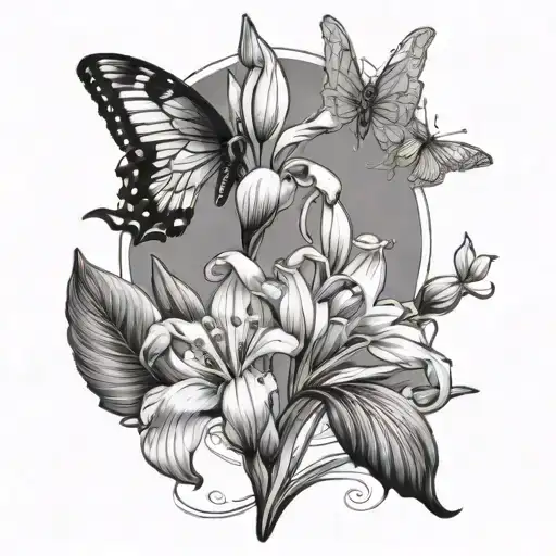 Iris flower lily of the valley flower morning, glory flower two butterflies and a bee tattoo design idea