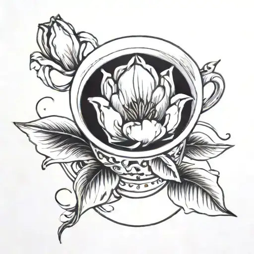 tulip growing out of a cup, simple, thin line work tattoo, black and white, aya takano style tattoo design idea