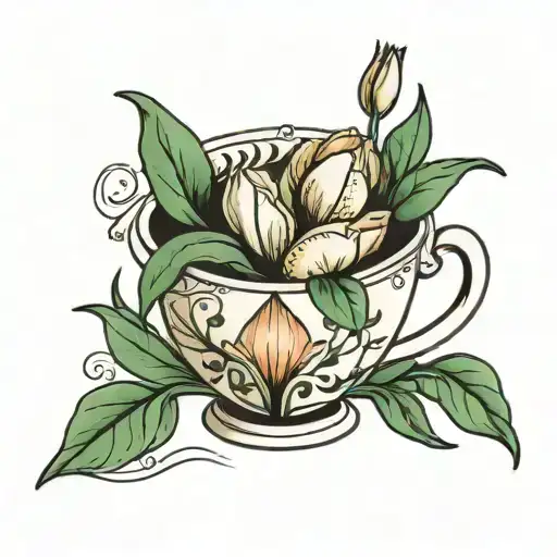 tulip growing out of a cup, simple thin line work tattoo, aya takano style tattoo design idea