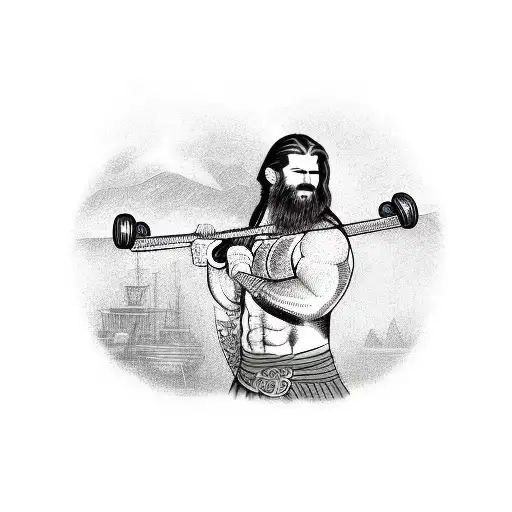 A bearded man with long hair lifting a barbell, surrounded by Viking runes tattoo design idea