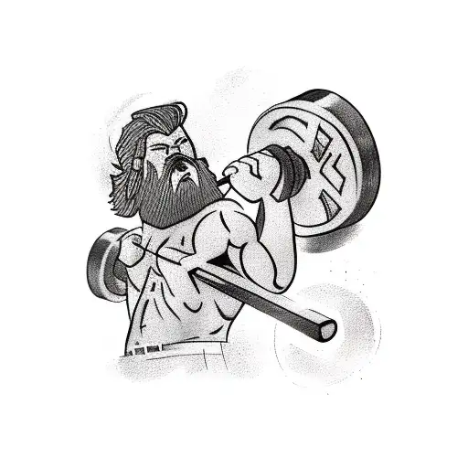 A bearded man with long hair lifting a barbell, surrounded by Viking runes tattoo design idea