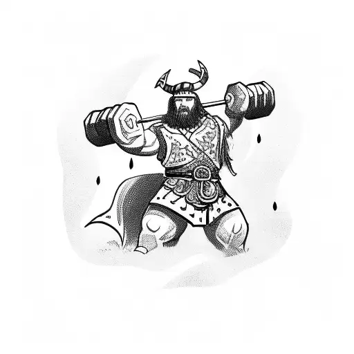 A powerful Viking warrior lifting weights in a gym tattoo design idea