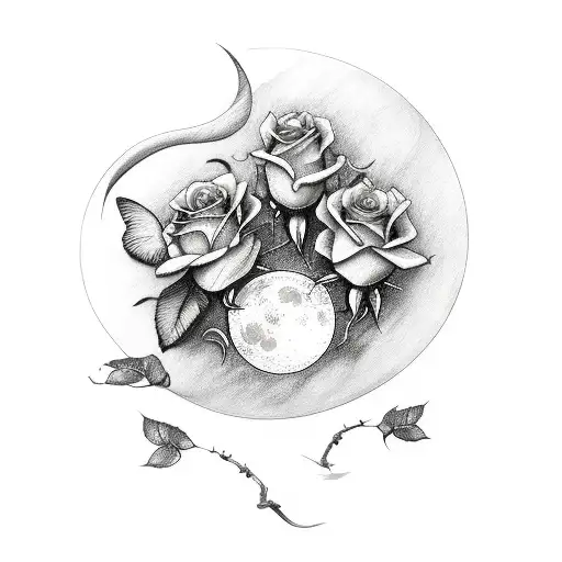 rose butterfly canary moon  tattoo design idea