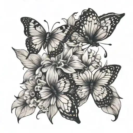 3 butterflies around tiare flower with tribels tattoo design idea