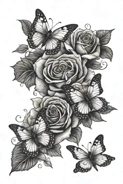three butterflies around two roses  tattoo design idea