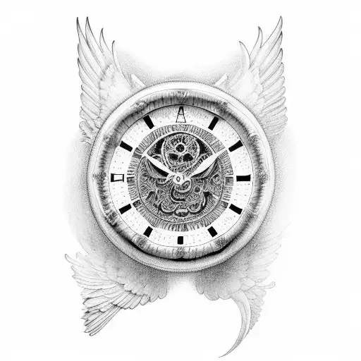 reloj con alas de angel y aureola tattoo design idea