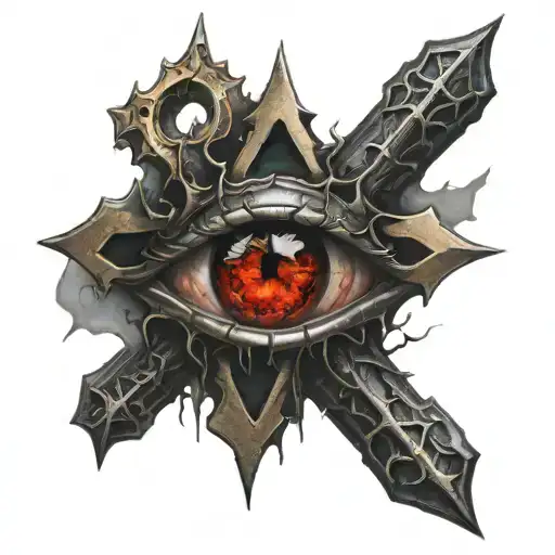 Dark black broke Satanic cross Realistic Eye, cracked and bleeding. dark black and blood red. golden cross. demonic tattoo design idea