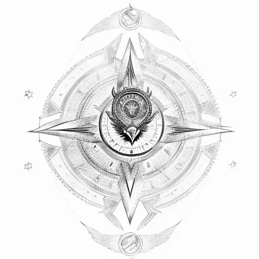 A blackwork design of an eagle perched on top of a drafting compass tattoo design idea