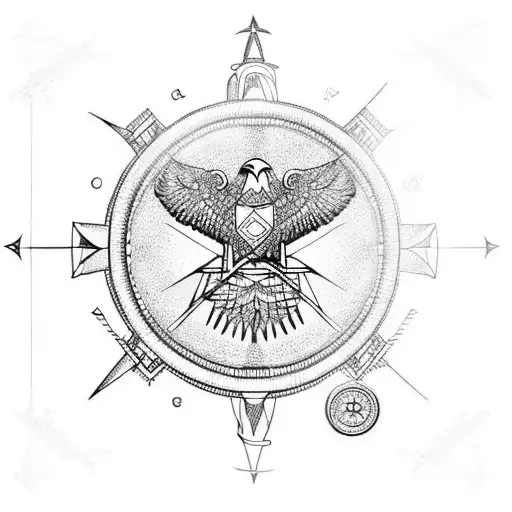 A blackwork design of an eagle perched on top of a drafting compass tattoo design idea