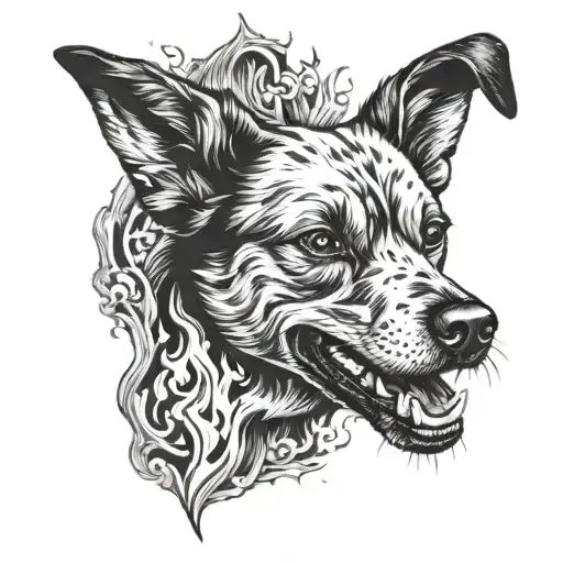Torch with a pointy eared dog on fire tattoo design idea