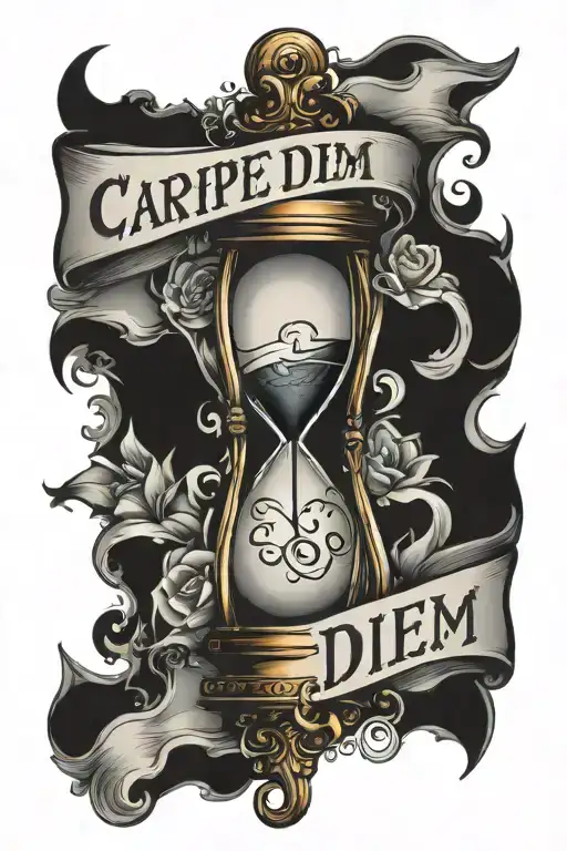 "carpe diem" text with hourglass tattoo tattoo design idea