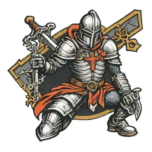 crusader Knight holding a Sword, kneeling before a cross tombstone  tattoo design idea