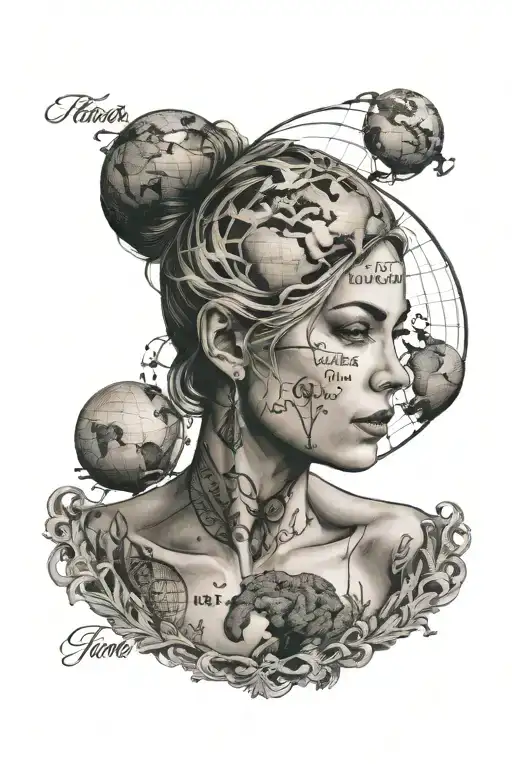The world is yours text with globe as part of a woman's face  tattoo design idea