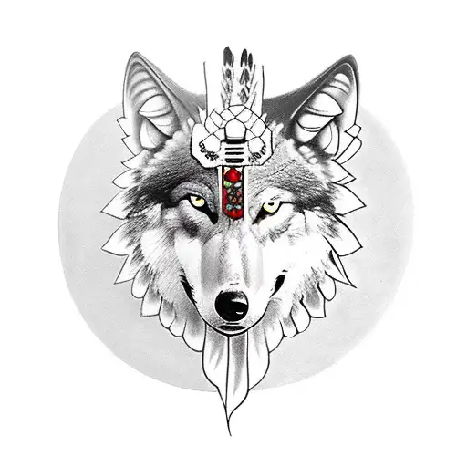 Wolf in native american headdress tattoo design idea