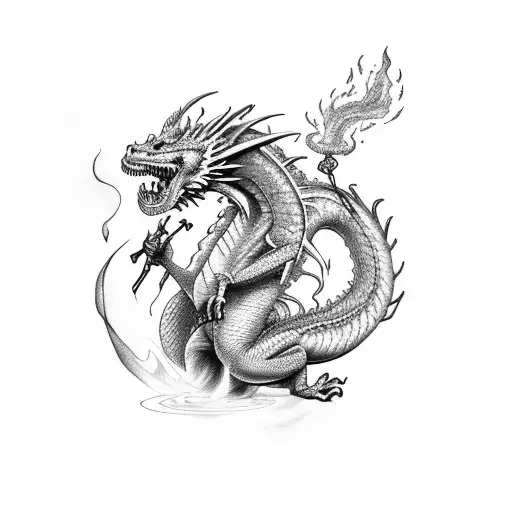 a dragon spitting fire over a castel tattoo design idea