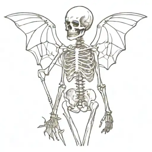 skeleton; witchy style tattoo; fine line tattoo; whimsical; imaginary creature; spooky; creepy; magical; wings;fairycore tattoo design idea
