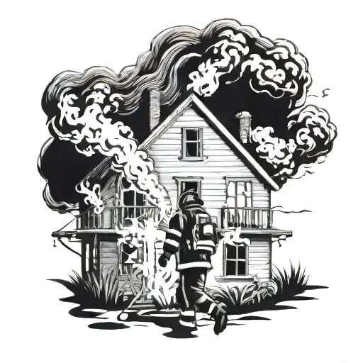 house on fire with firefighter walking towards house with a cross tattoo design idea