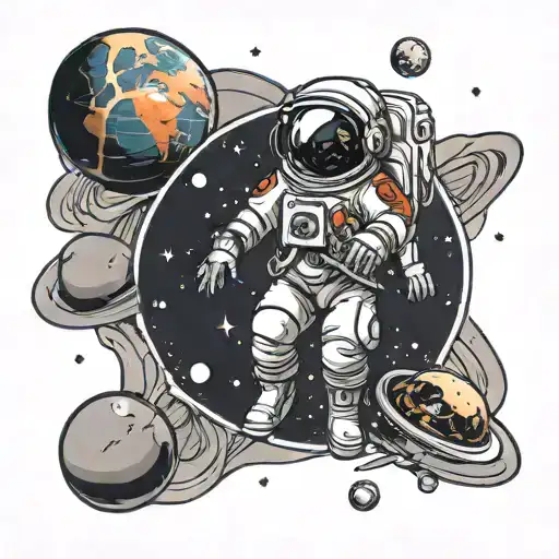 an astronaut in free space among the planets tattoo design idea