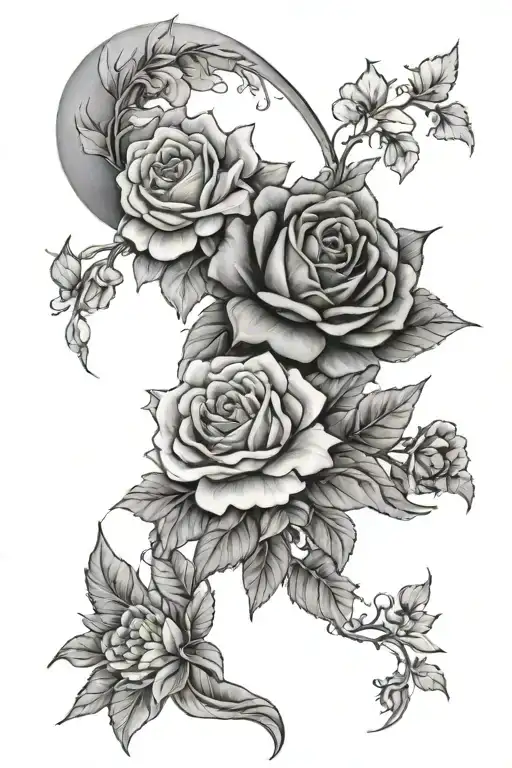 a quarter arm sleeve featuring flowers (one rose, carnations, jasmine, chrysanthemums, holly, and delphiniums) tattoo design idea