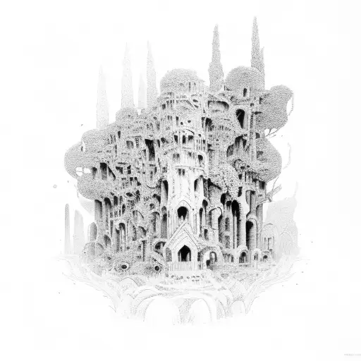 ancient lost overgrown city ruins tattoo design idea