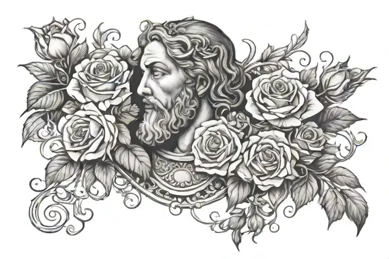 A portrait of a biblical figure surrounded by lace and roses tattoo design idea