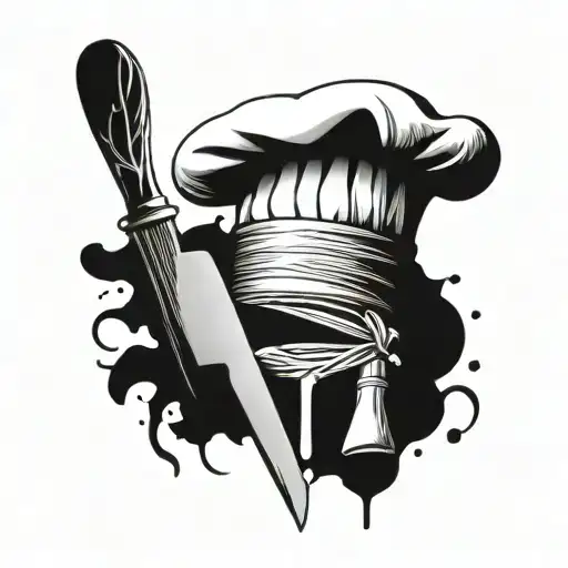 A chef's hat made out of various kitchen utensils, with a sharp knife as the focal point tattoo design idea