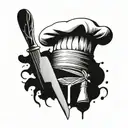 A chef's hat made out of various kitchen utensils, with a sharp knife as the focal point tattoo design idea