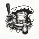 A chef's hat made out of various kitchen utensils, with a sharp knife as the focal point tattoo design idea