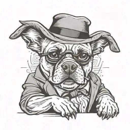 dog sitting like a mobster boss holding tattoo design idea