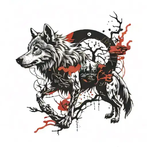 Odin hanging From world tree with 2 wolves and 2 ravens tattoo design idea