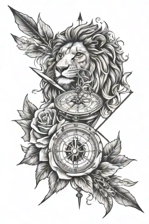 compass, arrow, lion, rose tattoo design idea
