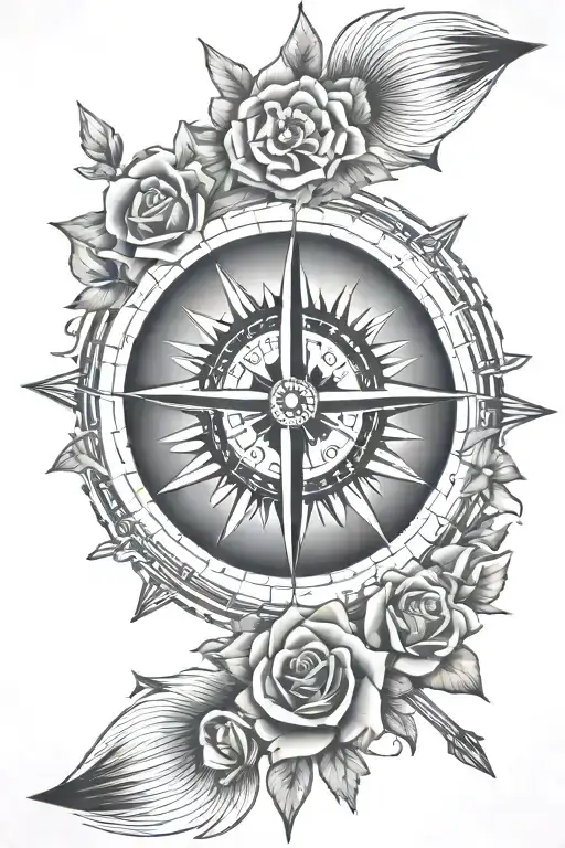 compass, arrow, lion, rose tattoo design idea