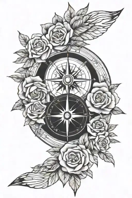 compass, arrow, lion, rose tattoo design idea