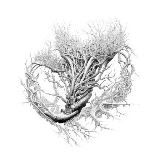 Futuristic biomechanical foot merging with natural roots and vines tattoo design idea