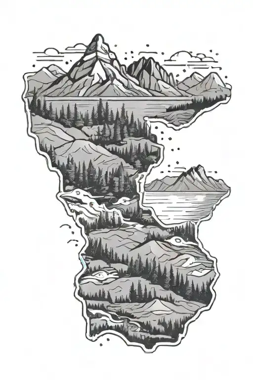 Utah state outline with inside filled with mountains, trees, lake, fish tattoo design idea