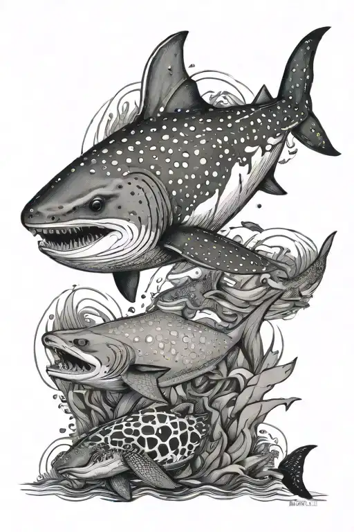 Back ocean tattoo. whale shark, orca, whale, turtles, stringray, mantaray, seal, fish tattoo design idea