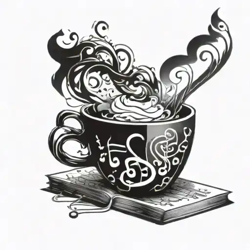 A coffee cup with musical notes forming steam, surrounded by books tattoo design idea
