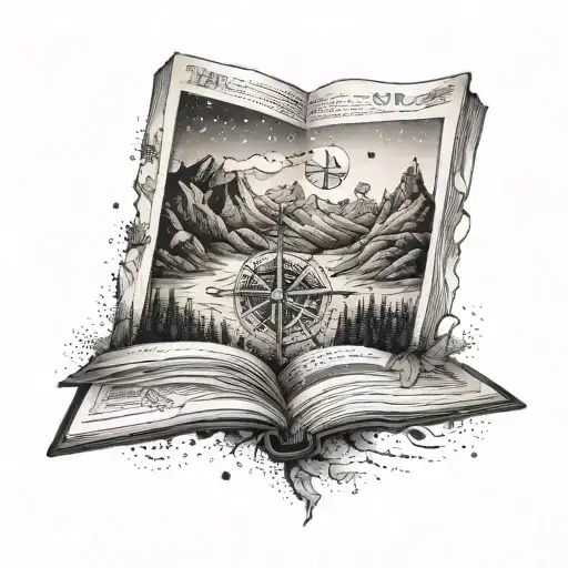 An open book with a compass rose on one page and a mountain range on the other tattoo design idea