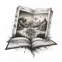 An open book with a compass rose on one page and a mountain range on the other tattoo design idea