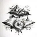 An open book with a compass rose on one page and a mountain range on the other tattoo design idea