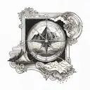 An open book with a compass rose on one page and a mountain range on the other tattoo design idea