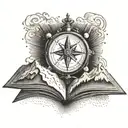 An open book with a compass rose on one page and a mountain range on the other tattoo design idea