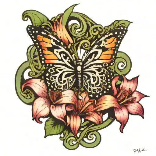 celtic caligraphy small "t" with a butterfly, a crown and a lily tattoo design idea