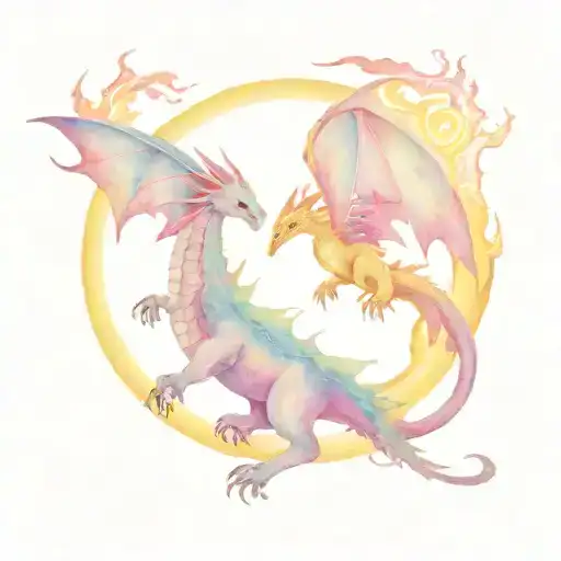 two fantasy dragons flying opposite one flying up to the sun the other flying down to the moon  tattoo design idea