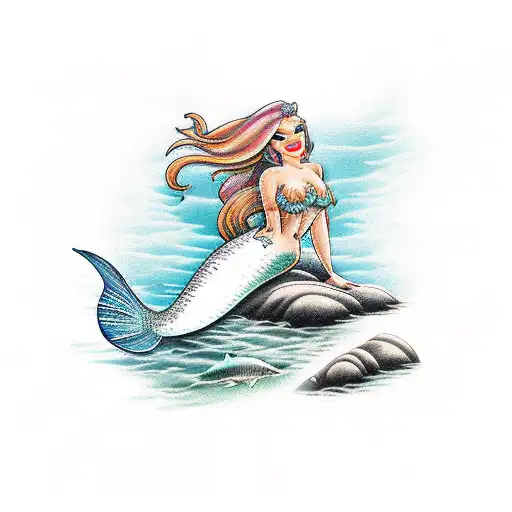 mermaid sitting on a rock watching the sea tattoo design idea