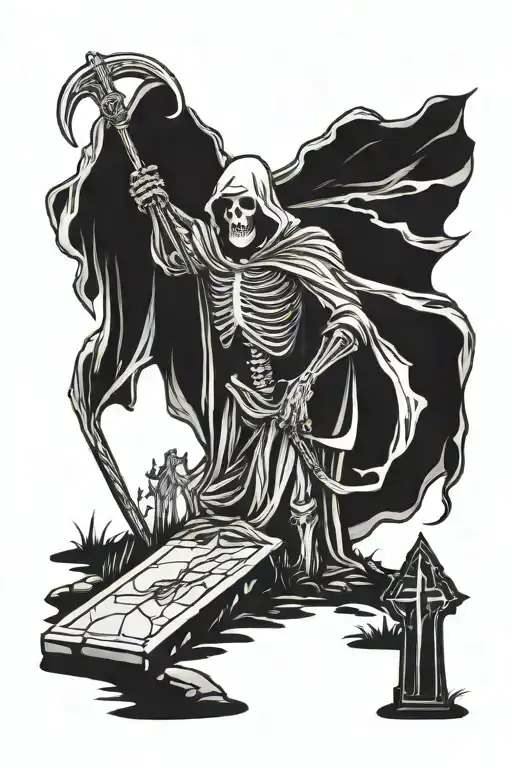 grim reaper graveyard scene tattoo design idea