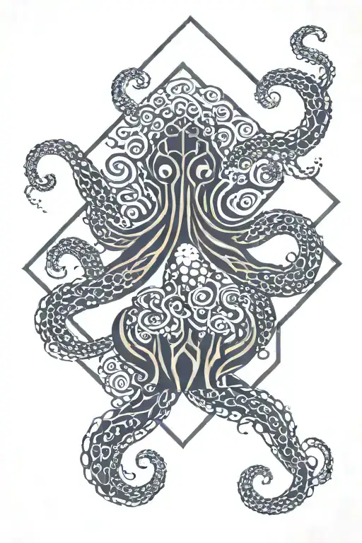 a japanse hexagon pattern transitioning into hawaiian tribal patterns with and octopus on top of the patterns tattoo design idea
