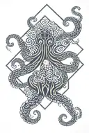 a japanse hexagon pattern transitioning into hawaiian tribal patterns with and octopus on top of the patterns tattoo design idea