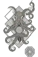 a japanse hexagon pattern transitioning into hawaiian tribal patterns with and octopus on top of the patterns tattoo design idea